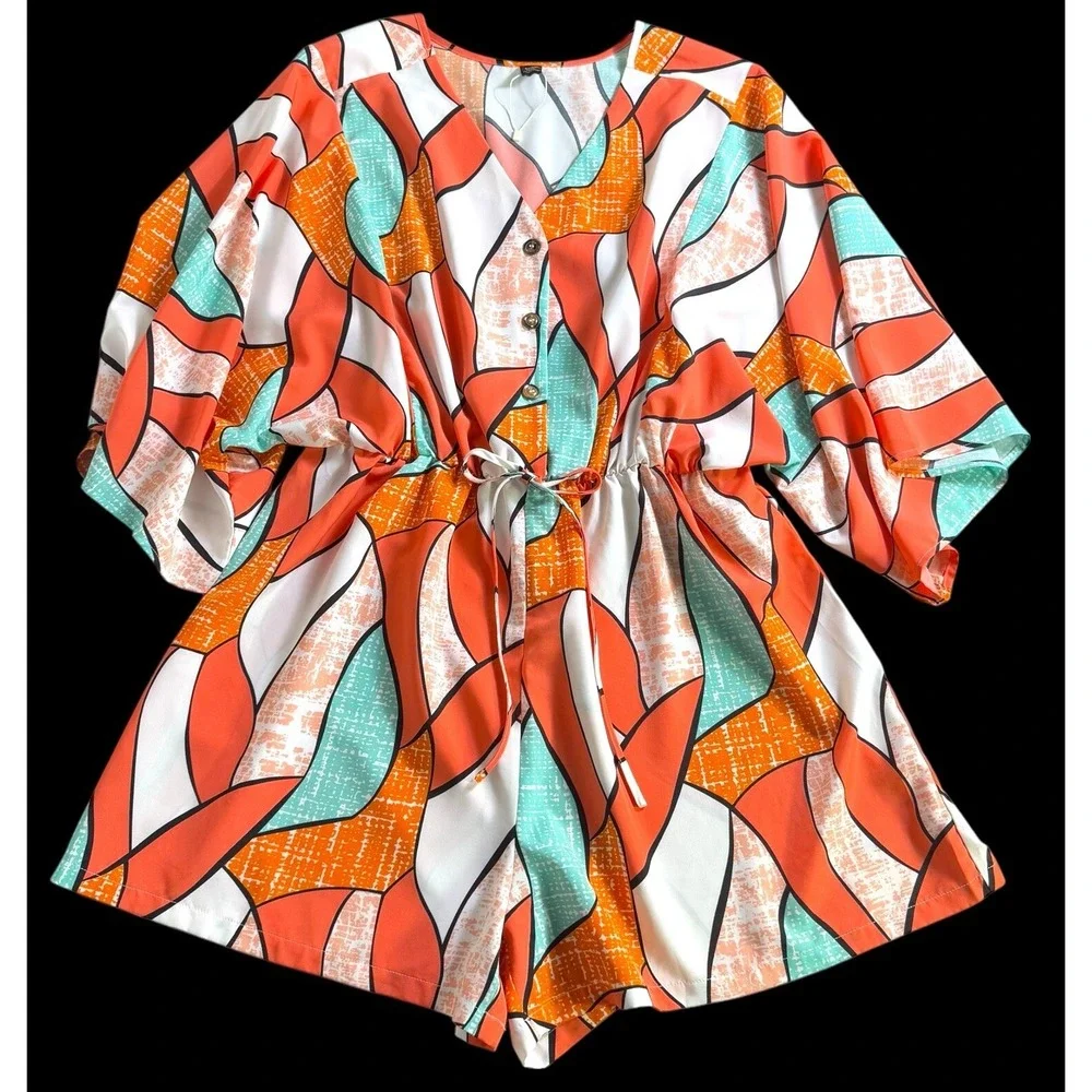 Shein Curve Multicolor Short Sleeve Romper Shorts‎ Jumpsuit Elastic Waist 1XL